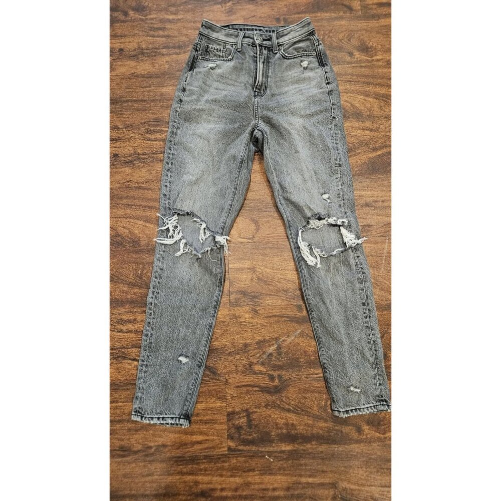 American Eagle Women's Size 0 Distressed Highest Rise Mom Jeans Light Black